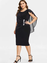 Clearance Rhinestone Ruched Embellished Capelet Dress O-Neck Sleeveless
